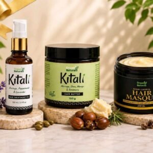 Dream Naturals Kitali Hair Care Bundle for natural, curly, coily, dry & damaged hair. Includes Kitali Hair Oil, Kitali Hair Butter & Baobab + Castor Oil Hair Masque to nourish, moisturise, condition and strengthen hair.