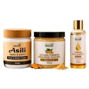 Dreamy Naturals Asili Glow Bundle - Vitamin E & AHA Face & Body Cream 225g, Golden Turmeric Sugar Scrub 300g, Firming Face & Body Glow Oil 150ml